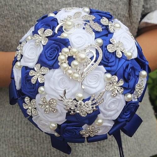 Wedding Bouquets Satin Ribbon Simulation Flower Pearls Rhinestones Crystal Bridal Sweet 15 Quinceanera Bouquets W125