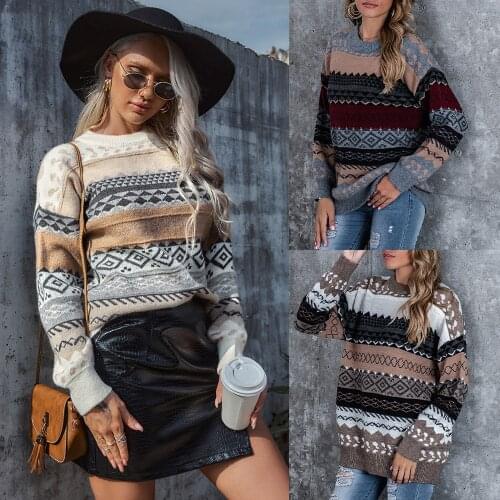Autumn Winter Vintage Stripe Diamond Sweater Women Clothes Pullover Knitwear Casual Crew Neck Long Sleeve Loose Top Sueters Coat