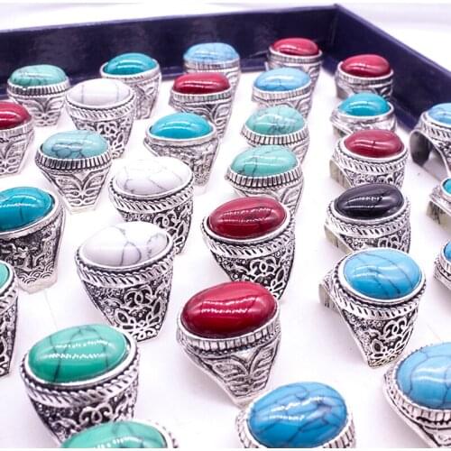 20 Pieces Mix Vintage Stone Ring For Women Men Fashion Jewelry Silver Plated Punk Retro Finger Statement Ring For Party Gift