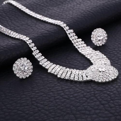 Diamante Crystal Rhinestone Bridal Jewelry Sets Silver Color Round Chocker Necklace Earrings Wedding Jewelry Sets Accessories