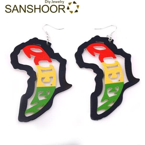 SANSHOOR Vintage African Queen Wood Earrings Green Red Yellow Colors With Hollow Afrocentric Map Drop Jewelry For Women 2Pairs