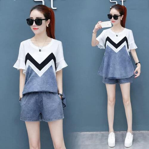 Womens Fashion 2020 Summe Clothing 2 Piece Set Petal Sleeve Splice Short Sleeve Top+Denim Loose Shorts lounge Wear Sets WF176
