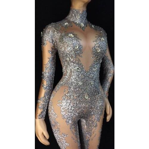 Gray Pattern Jumpsuit Bright Big Rhinestones Stretch Leggings Nightclub Singer Dancer Show Wear Womens Prom Party Sexy Bodysuit