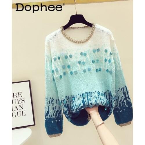 2021 Autumn Winter Korean Style Gradient Color Knit Sweater Women Handmade Sequins Loose-Fitting Long Sleeve Sweater Coats Tops