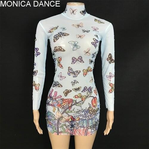 Women Sexy Stage Blue Butterfly Flowers Dress Transparent Evening Birthday Dance Party Costume Stage Rhinestones Singer Dress