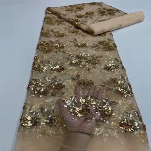 2021 gold Latest African Mesh Lace Fabric Embroiderey Sequins Beads French Tulle Laces Fabric For Nigerian Wedding Party Sew