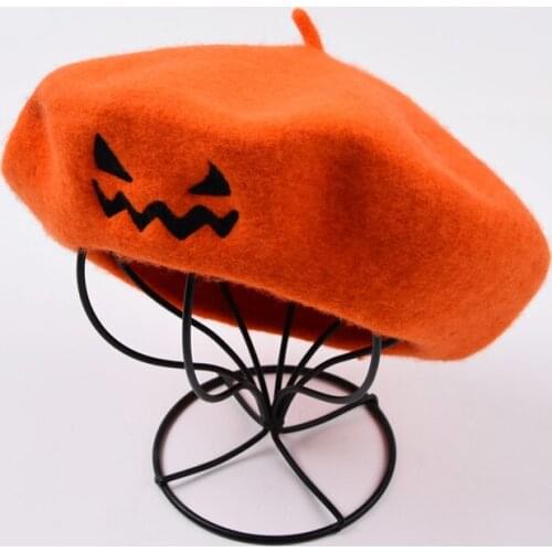 Vintage Plain Beret Cap For Women French Artist Chapeau Femme Wool Winter Hats Solid Color Halloween Embroidery Pumpkin Hat