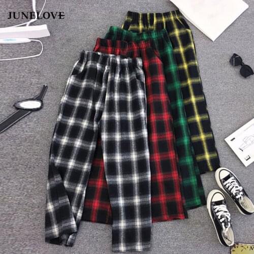 JuneLove Harajuku Casual Plus Size Women Pants Hip Hop Green Loose Wide Legs Plaid Pocket Female OL Loose Ladies Pant Bottoms