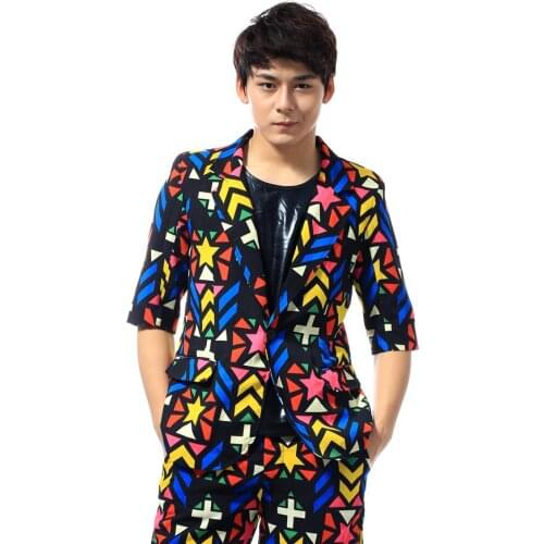 2015 Fashion Korean version Mens casual half sleeve slim suits Nightclub bar singer dancer performance costume sets
