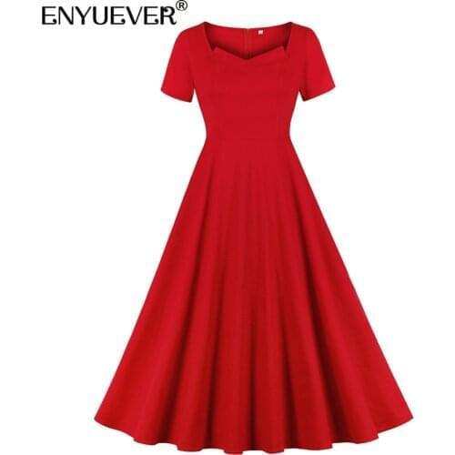 Enyuever Red Summer Dress Short Sleeve Retro Vintage Clothing Robe Pin Up Swing Elegant Casual Dress For Party Women Clothing