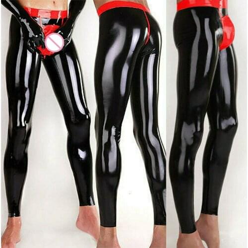 Latex Trousers Rubber Fashion Sport Red and black Highlight the crotch Pants Size XXS~XXL