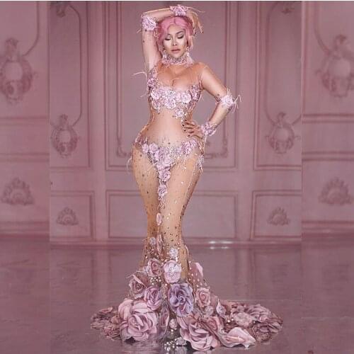 2019 Fashion Design Pink Flowers See Through Long Dress 3D Pattern Mesh Stretch Party Dress Women Singer Performance Costume