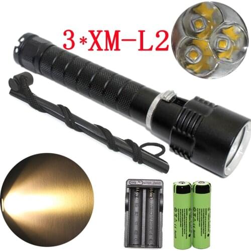 Powerful 3200LM 3x XM-L2 LED Diving Flashlight Yellow Light Underwater Waterproof Torch Lamp+ 2x 16850 Battery + Charger
