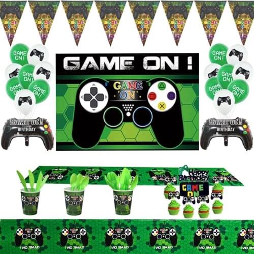 Cartoon Green Game Theme Table Decoration Paper Cups Plates Straws Shower Kids Birthday PartyDisposable Tableware Set Supplies