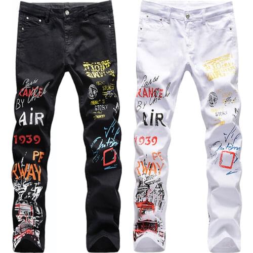 Mens jeans Hip hop High street Slim skinny jeans men fashion cotton printing trousers Streetwear mens pants