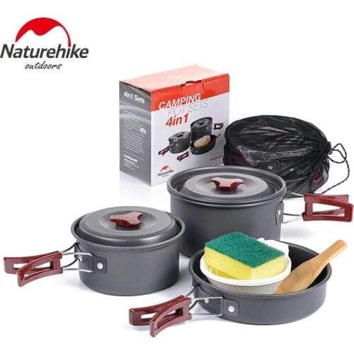 Naturehike Aluminium Alloy Material Ultralight Outdoor Hiking Camping Picnic Cookware Set 4 in 1 For 2-3 Person