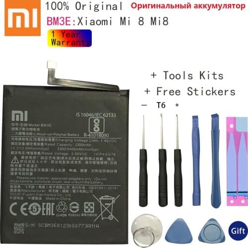Xiao Mi Original Phone Battery BM3E for Xiaomi Mi 8 Mi8 M8 Real 3400mAh High Quality Replacement Battery Free Tools+Stickers