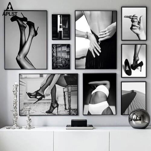 Fashion Sexy Girl Black White Retro Poster Print Painting Bikini Woman Lipstick High Heels Canvas Picture Living Room Wall Decor