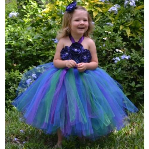 Beautiful Girls Peacock Long Tutu Dress Baby Tulle Dress Ball Gown With Flower Headband Kids Wedding Party Dress Cosplay Costume