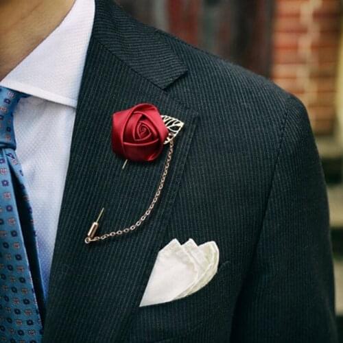 Silk Rose Brooch Flower for Wedding Suit Accessories metal Pin Decoration Best Man Groom Groomsman with golden leaf wh