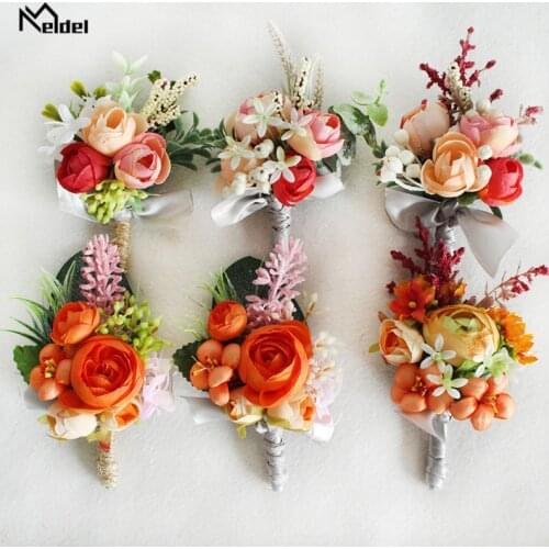 Meldel Silk Rose Boutonniere Wedding Wrist Corsage Bridesmaids Bracelet Groom Boutonniere Wedding Marriage Corsage Orange Flower