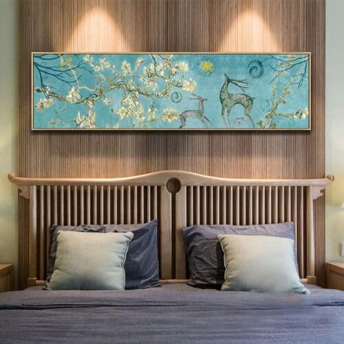 Nordic Almond flowers trees with deer Canvas Wall Art Painting canvas Print Long Canvas Wall Pictures for Living Room