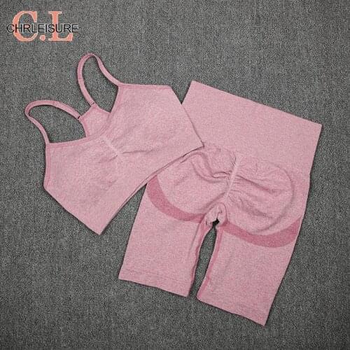 CHRLEISURE 2 Piece Set Fitness tracksuit women seamless Outfits Activewear Push Up Bra+High Waist Booty Shorts Tracksuit Female