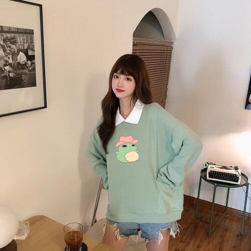 Thin Long Sleeve Shirt with Hoodie for Ladies Sweatshirts for Teen Girls Korean Cartoon Frog Print Turn-down Collar Sweatshirt