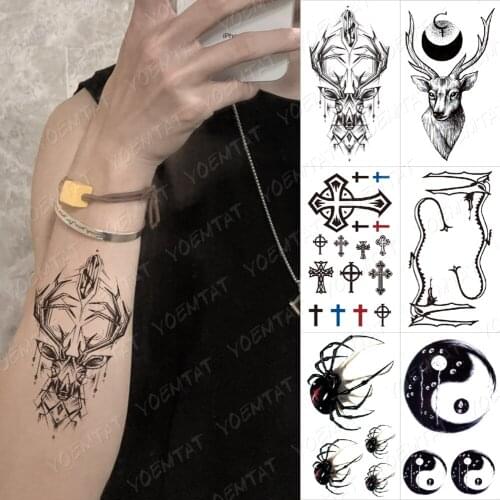 Waterproof Temporary Tattoo Deer Moon Men’s Flash Lucky Tatoo Sticker Cross Cayman Spider Body Art Hand Neck Fake Tatto Women