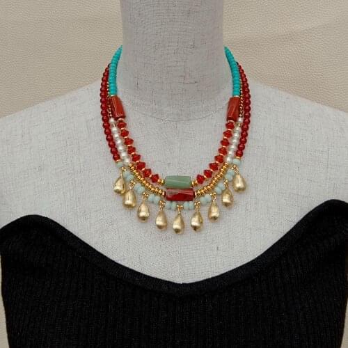 YYGEM natural Round carnelian Rondelle Turquoise Cultured White freshwater Pearl Teardrop Gold Charm statement Necklace 17"