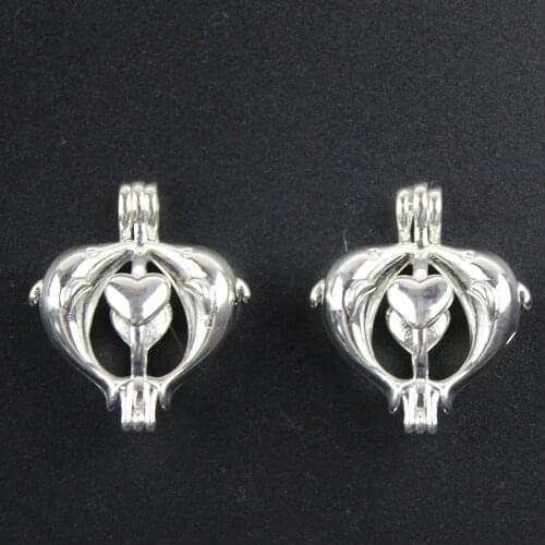 Lover Dolphin Heart Pearl Cage Jewelry Making Supplies Beads Cage Pendant Essential Oil DiffuserLocketGiftSilver 1pcs Wholesale
