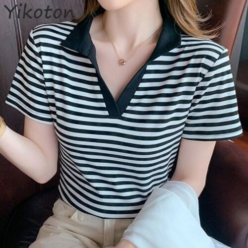 2021 Summer Women Tshirt Striped Cotton Short Sleeve T-shirt Womens Clothing V-neck T Shirt Female Top Fashion Basic Sexy Femme