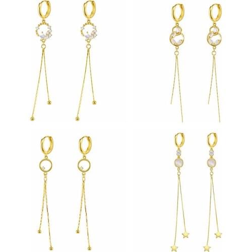 925 Silver Ear Buckle Circle and Star Long Tassel Drop Earring For Women Engagement Party CZ Crystal Temperament Jewelry Earring