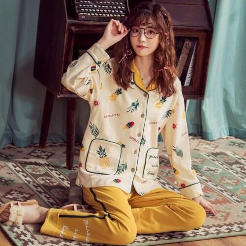 Women Cotton Pajamas Set Autumn Long Sleeve Print Cute Sleepwear Girl Polyester Pijamas Mujer Leisure Loose lapels Pajama