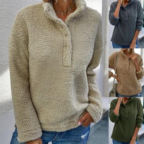 Women Autumn Winter Warm Sweatshirt Buttons Stand Collar Long Sleeve Pullover Camel Army Green Grey Female Soft Outdoor Clothes
