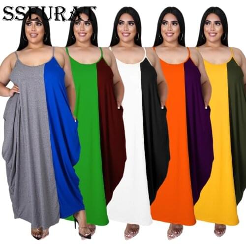 SSEURAT Plus Size XL-5XL Summer Women Fashion Solid Patchwork Long Maxi Dress Casual Dresses Vestidos