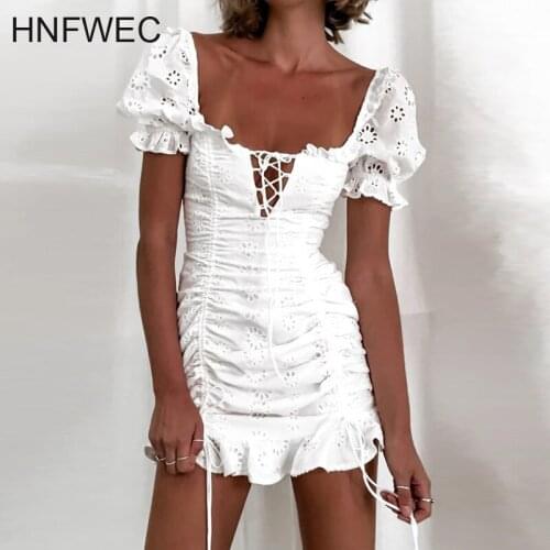 2020 Spring Summer Short Puff Sleeve Square Collar White Hollow Out Embroidery Sexy Mini Pleated Dress Women U976
