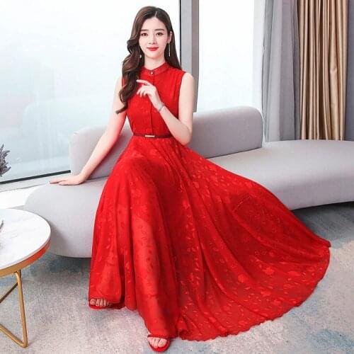 2021 Summer New Trendy Slim Chiffon Long Womens Dress Sleeveless Elegant Temperament Single Breasted Maxi Party Dress zh1198