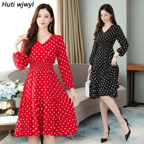 2021 Femal Vintage Red Dot Chiffon Midi Dresses Autumn Winter Solid Sexy Long Sleeve Dress Elegant Women Bodycon Party Vestidos