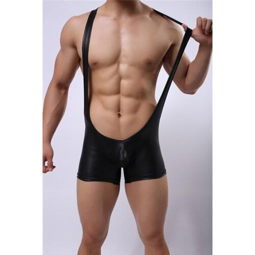 2020 Sexy Lingerie Men Bodysuit Faux Leather PU NightclubTeddies Mankini Suspender Gay Mans Erotic Clothing Underwear Costume