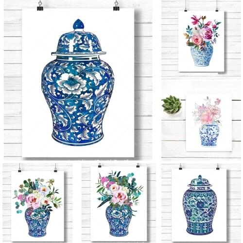 Watercolor ginger pot bouquet, printable art, Hampton style, watercolor painting, floral plant pattern