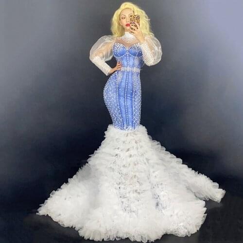 Sparkly Rhinestone Pearl Long Tail Dress Women Transparent Sleeve Denim Birthday Celebrate Dresses Singer Stage Outfit DT2947