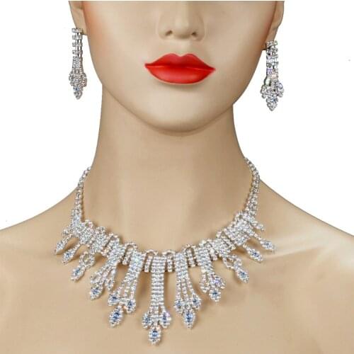 Chran Flower Desgin Imitation Crystal Jewelry Set for Women Promotion Silver Plated Blue Rhinestone Necklace Earrings Set