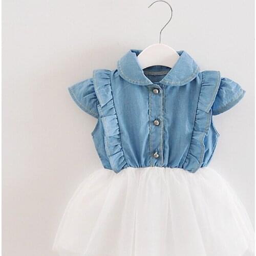 Kids girl princess dress girls costumes Baby girl small flying sleeve denim mesh princess dress for girls elegant
