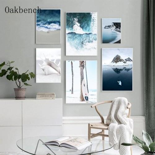 Surfboard Print Shell Poster Blue Ocean Landscape Wall Art Painting Mountain Paintings Nordic Wall Pictures Modern Home Decor