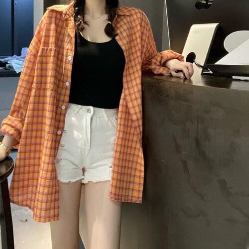 Korean Fashion 2021 Plaid Shirt Women Long Sleeve Tops Lattice Print Blouse Oversized Summer Kpop Casual Purple Shirt Clothes