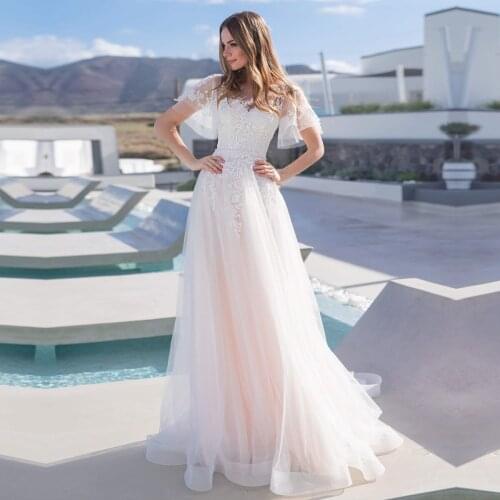 2021 New O-Neck Tulle Wedding Dresses With Applique Lace A-line Short Sleeve Bridal Gowns Pink vestido de noiva Floor Length