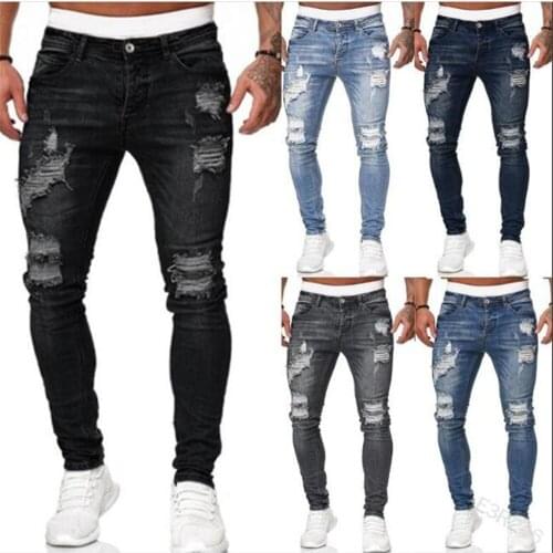 Spring 2021Fashion Men Mid Waist Water Washing Grinding Broken Hole Small Feet Pencil Jeans Hip Hop Casual Skinny Cowboy Pants