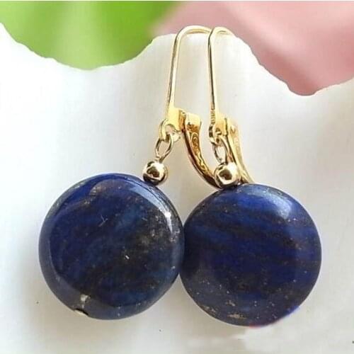 New Favorite Pearl Jewelry 14mm Blue Lapis Lazuli Coin Bead Gold Dangle Earrings Wedding Party Charming Lady Girl Gift
