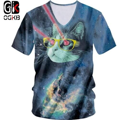 OGKB T-shirt V Neck Short Sleeve 3D Tee Shirt Printed Starry sky cat Hiphop Oversized Clothing Male Summer Tee Shirt Drop Ship